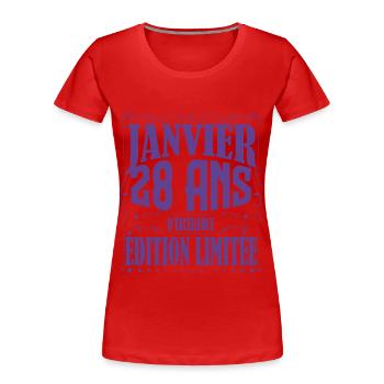 Janvier 28 ans. Cadeau 28 ans janvier anniversaire - T-shirt bio Premium Femme - rouge - Devant - Mia (176cm)