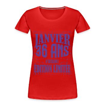Janvier 36 ans. Cadeau 36 ans janvier anniversaire - T-shirt bio Premium Femme - rouge - Devant - Mia (176cm)