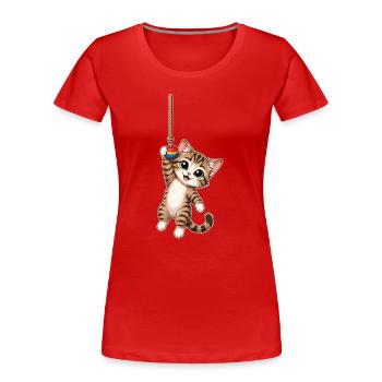 Katze hängt am Seil - Frauen Premium Bio T-Shirt - Rot - Vorne - Mia (176cm)