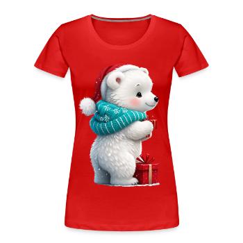 Süßer kleiner Bär mit Weihnachtsmütze und Geschenk. - Frauen Premium Bio T-Shirt - Rot - Vorne - Mia (176cm)