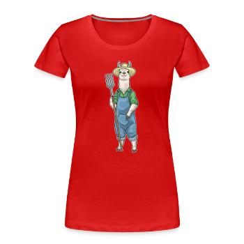 Lama Landwirt Mistgabel Bauernhof - Frauen Premium Bio T-Shirt - Rot - Vorne - Mia (176cm)