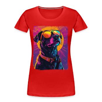 Retro 80er Jahre Neon Pink Lila Cool Hund Tier Sonnenuntergang - Frauen Premium Bio T-Shirt - Rot - Vorne - Mia (176cm)
