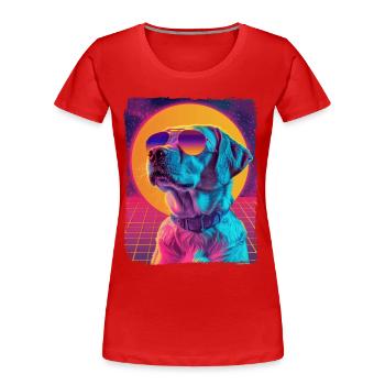 Retro 80er Jahre Neon Pink Lila Cool Hund Tier Sonnenuntergang - Frauen Premium Bio T-Shirt - Rot - Vorne - Mia (176cm)