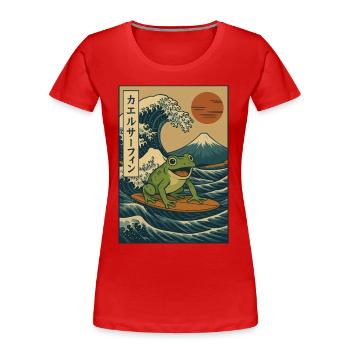 Grenouille Surfeuse Japonaise Vague Art Mont Fuji Soleil Rouge - T-shirt bio Premium Femme - rouge - Devant - Mia (176cm)