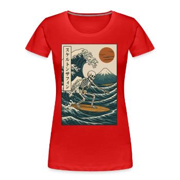 Skeleton Surf Vague Japonaise Mt Fuji Art Rétro - T-shirt bio Premium Femme - rouge - Devant - Mia (176cm)