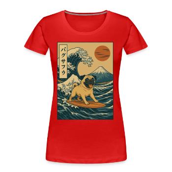 Carlin Chien Amoureux Surf Japonais Vague Mont Fuji Art - T-shirt bio Premium Femme - rouge - Devant - Mia (176cm)