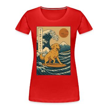 Golden retriever chien surfant vague style japonais - T-shirt bio Premium Femme - rouge - Devant - Mia (176cm)