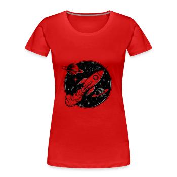 Entdecke Neue Welten Mit Einer Rakete - Frauen Premium Bio T-Shirt - Rot - Vorne - Mia (176cm)