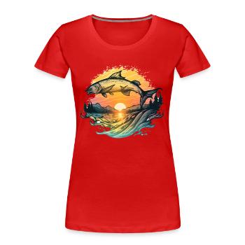Vintage Angler Fisch Retro Illustration sun set - Frauen Premium Bio T-Shirt - Rot - Vorne - Mia (176cm)
