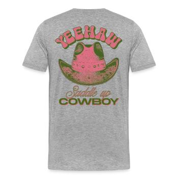Yeehaw Saddle Up Cowboy Hat - Men's Premium Organic T-Shirt - heather grey - Back - Damien (186cm)