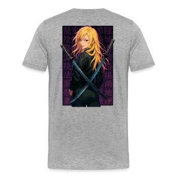 Blonder Samurai Mit Gekreuzten Klingen Kreuzung - Männer Premium Bio T-Shirt - Grau meliert - Hinten - Damien (186cm)