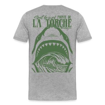 La Torche Surf Requin Bretagne - T-shirt bio Premium Homme - gris chiné - Dos - Damien (186cm)