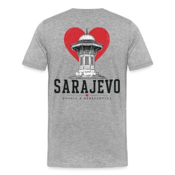 Sarajevo Herzturm Grafik - Männer Premium Bio T-Shirt - Grau meliert - Hinten - Damien (186cm)