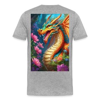 Dragon de Braises dans la Forêt en Fleurs - T-shirt bio Premium Homme - gris chiné - Dos - Damien (186cm)