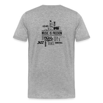 Music is passion - Wordcloud (Rücken) - Männer Premium Bio T-Shirt - Grau meliert - Hinten - Damien (186cm)