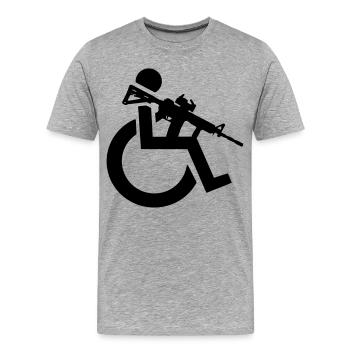 Bewaffneter Rollstuhlfahrer mit Gewehr, Waffe # - Männer Premium Bio T-Shirt - Grau meliert - Vorne - Damien (186cm)
