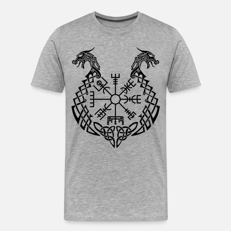 Schwarzer Drache und Wikingerkompass - Männer Premium Bio T-Shirt - Grau meliert