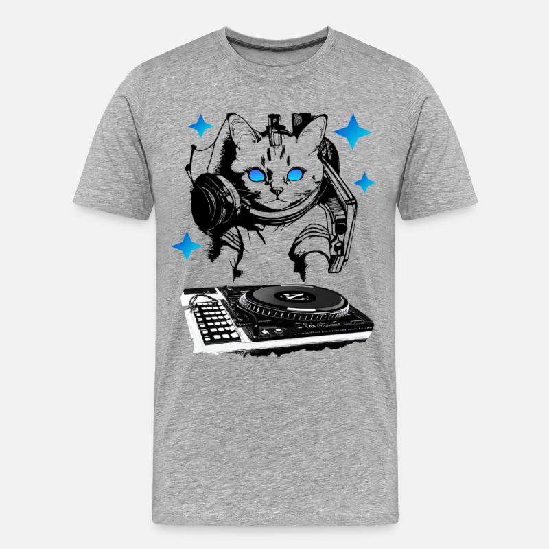 DJ Katze mit Mischpult - Männer Premium Bio T-Shirt - Grau meliert
