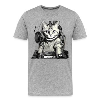 DJ Katze mit Mischpult - Männer Premium Bio T-Shirt - Grau meliert - Vorne - Damien (186cm)