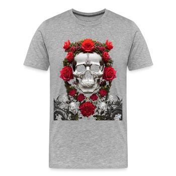 Crâne et couronne de roses rouges - T-shirt bio Premium Homme - gris chiné - Devant - Damien (186cm)