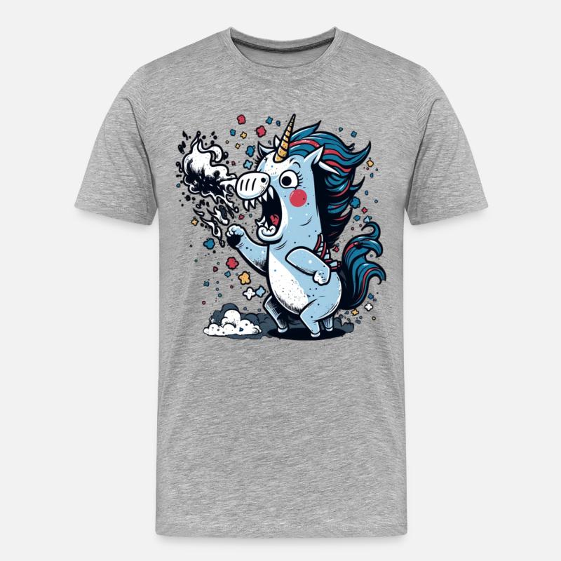 Wütendes Einhorn speiht Feuer - Männer Premium Bio T-Shirt - Grau meliert