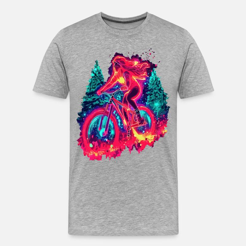 Synthwave Mountainbike Mädchen Waldfahrt - Männer Premium Bio T-Shirt - Grau meliert