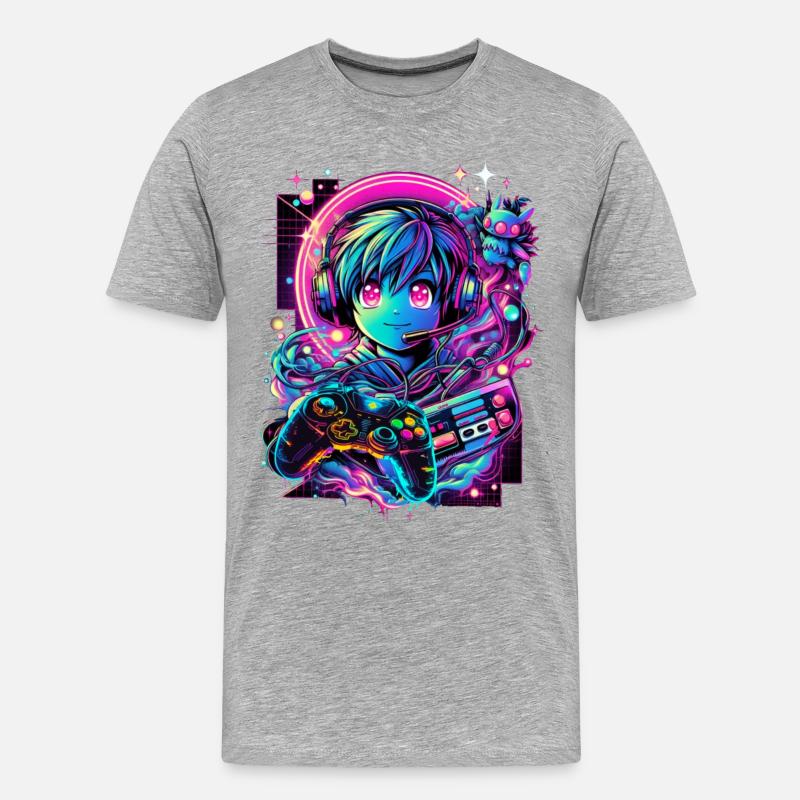 Gamer Controller Anime Synthwave Art - Männer Premium Bio T-Shirt - Grau meliert