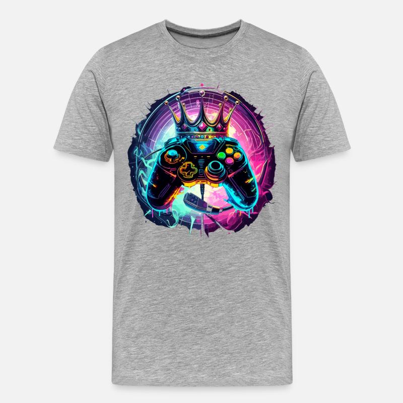 Gaming Controller mit Headset und Krone - Männer Premium Bio T-Shirt - Grau meliert