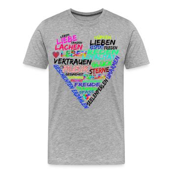 Text Herz Leben Liebe Frieden - Männer Premium Bio T-Shirt - Grau meliert - Vorne - Damien (186cm)