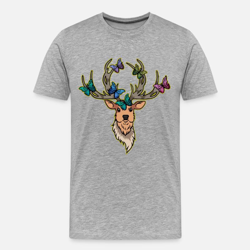Hirsch Schmetterlinge Hirschkopf Frühling - Männer Premium Bio T-Shirt - Grau meliert