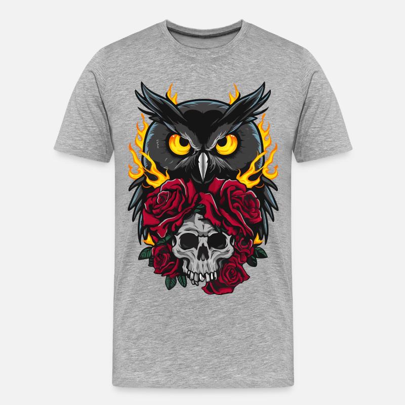 Mystische Eule sitzt auf Skull mit roten Rosen - Männer Premium Bio T-Shirt - Grau meliert
