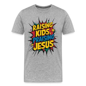 Kinder großziehen, die Jesus Glauben im Comic-Stil preisen - Männer Premium Bio T-Shirt - Grau meliert - Vorne - Damien (186cm)