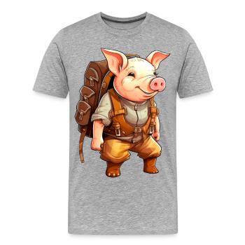 Schweinchen Wandern / Bergsteiger Schweinchen - Männer Premium Bio T-Shirt - Grau meliert - Vorne - Damien (186cm)
