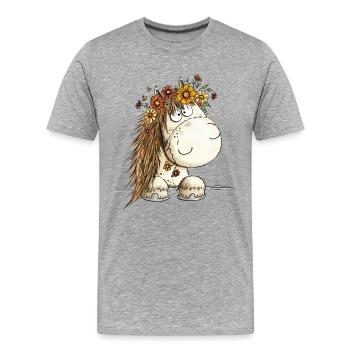 Drolliges Pferd Blumenkranz Cartoon - Männer Premium Bio T-Shirt - Grau meliert - Vorne - Damien (186cm)