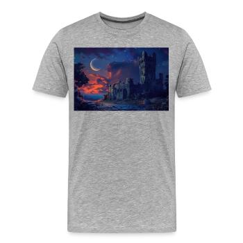 Poster Illustration Paysage médiéval en ruine - T-shirt bio Premium Homme - gris chiné - Devant - Damien (186cm)