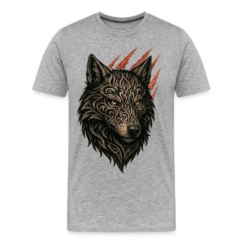 Portrait de loup tribal complexe - T-shirt bio Premium Homme - gris chiné - Devant - Damien (186cm)