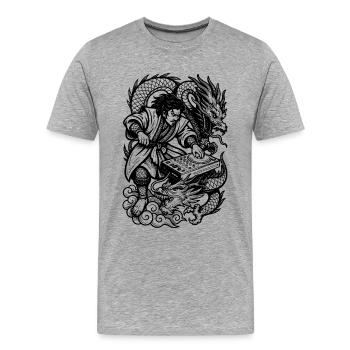 Chemise DJ : Samouraï à la table de mixage techno avec Dragon - T-shirt bio Premium Homme - gris chiné - Devant - Damien (186cm)