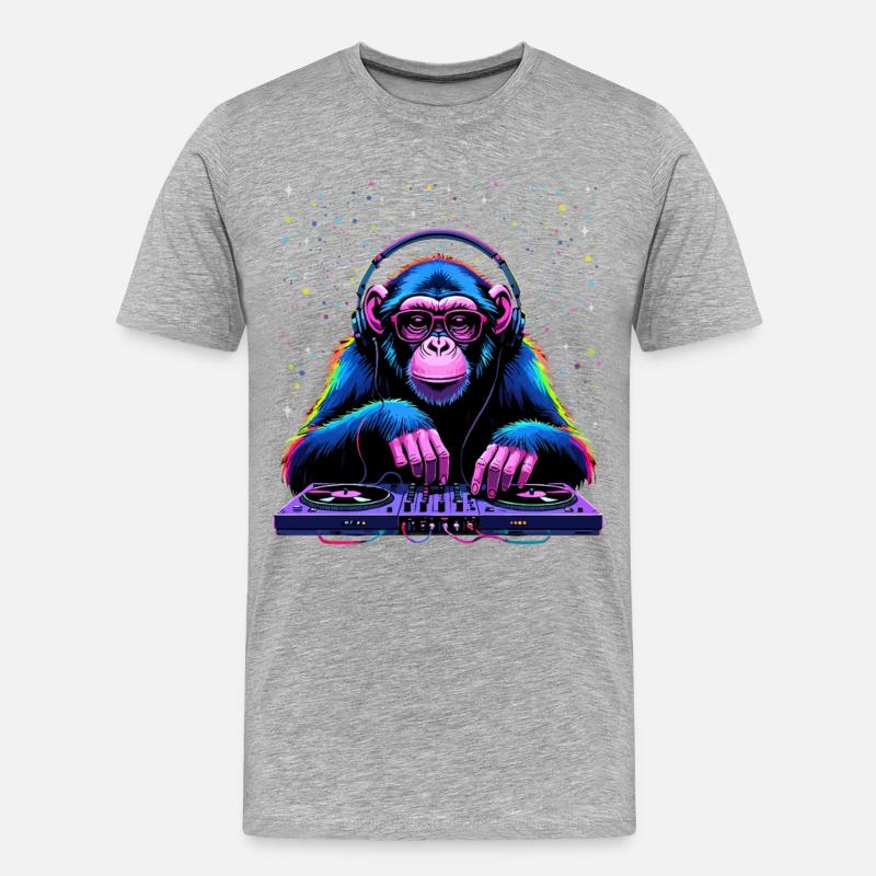 Bunter DJ-Affe mit Kopfhörern und Brille - Männer Premium Bio T-Shirt - Grau meliert