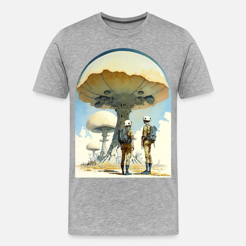 Mushroom Digital Space Art 70s - Männer Premium Bio T-Shirt - Grau meliert