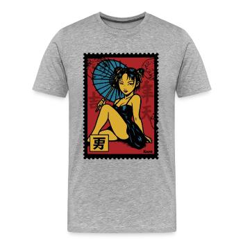 Illustration d'une geisha avec un parasol - T-shirt bio Premium Homme - gris chiné - Devant - Damien (186cm)