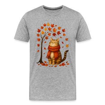 Herbstkatze mit rotem Schal - Männer Premium Bio T-Shirt - Grau meliert - Vorne - Damien (186cm)