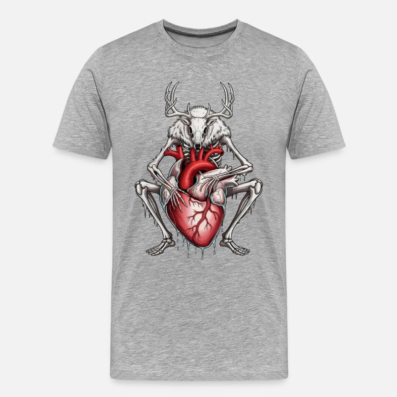 Anatomischer Hirsch mit blutendem Herz - Männer Premium Bio T-Shirt - Grau meliert