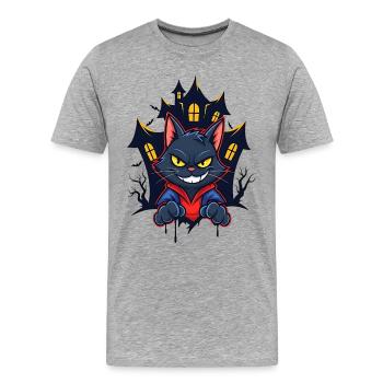 Grinsende Katze vor Spukhaus - Männer Premium Bio T-Shirt - Grau meliert - Vorne - Damien (186cm)