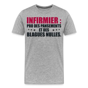 Infirmier pro des pansements et des blagues nulles - T-shirt bio Premium Homme - gris chiné - Devant - Damien (186cm)