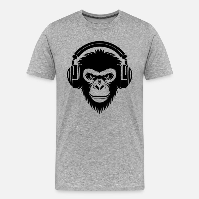 Finsterer Comic-Affe mit Kopfhörern Shirt - Männer Premium Bio T-Shirt - Grau meliert