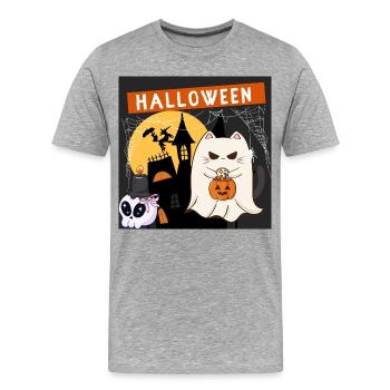 Kawaii Geisterkatze mit einem Halloween-Kürbis - Männer Premium Bio T-Shirt - Grau meliert - Vorne - Damien (186cm)