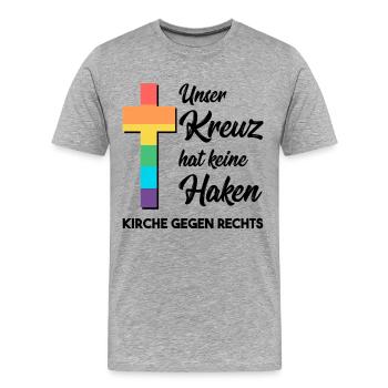 Notre croix n’a pas de crochets - L’Église contre la droite - T-shirt bio Premium Homme - gris chiné - Devant - Damien (186cm)