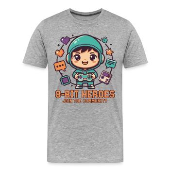 8-BIT HEROES | Gaming Retro Chibi Community Pixel - Männer Premium Bio T-Shirt - Grau meliert - Vorne - Damien (186cm)