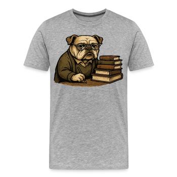 Bulldog Writer with Books Scholarly Cartoon Art - Men's Premium Organic T-Shirt - heather grey - Front - Damien (186cm)