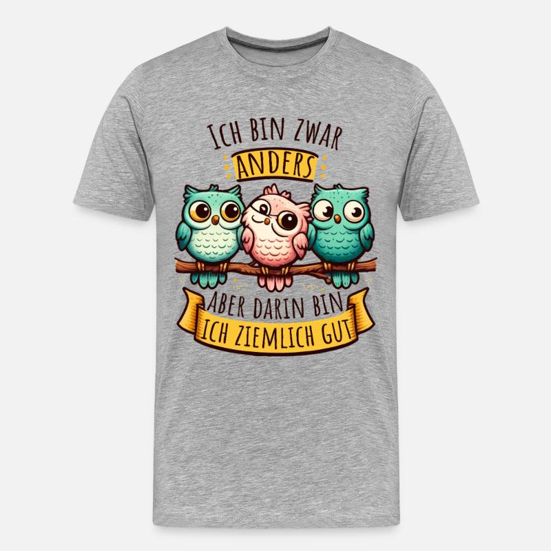 Anderssein Spruch mit bunten Eulen - Männer Premium Bio T-Shirt - Grau meliert